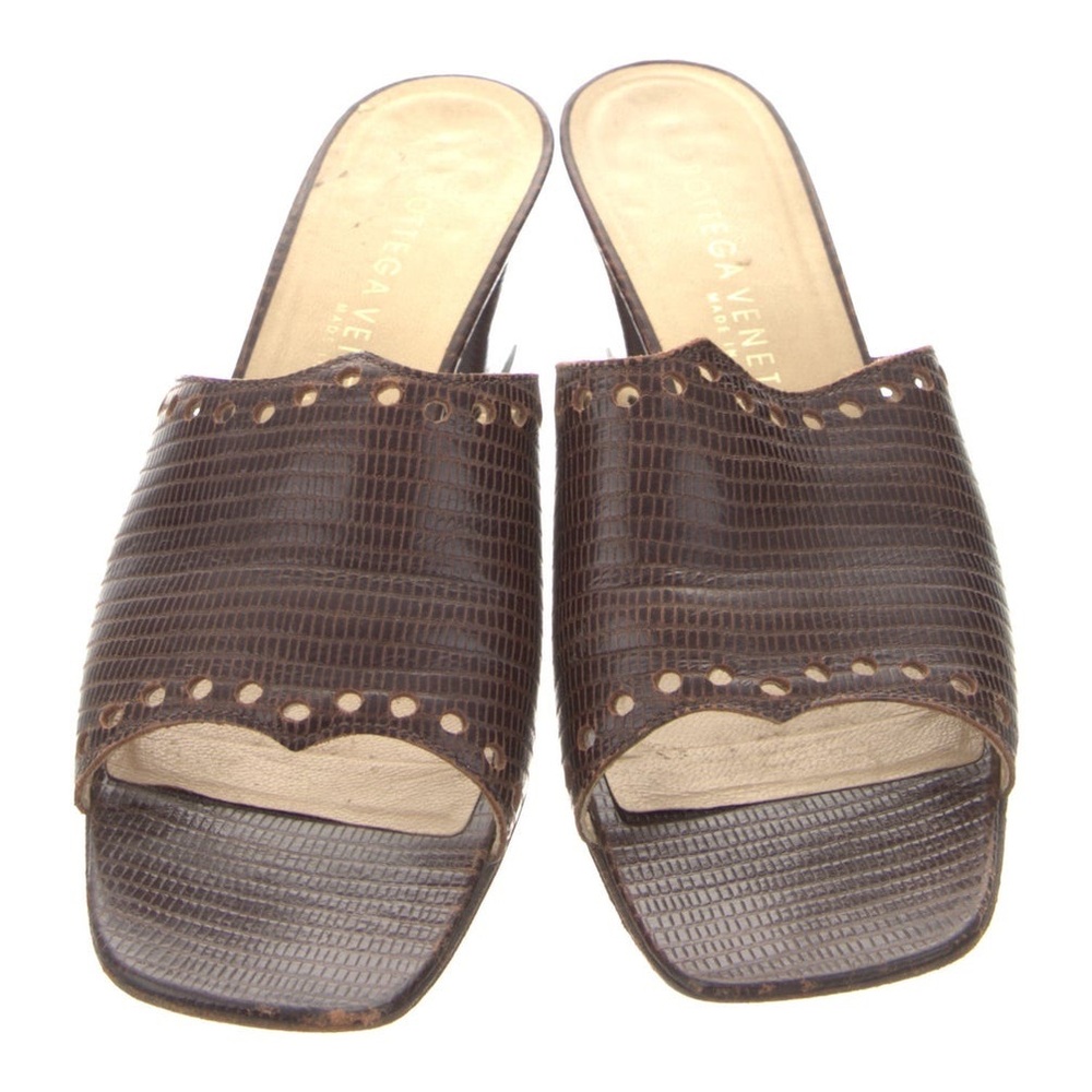 Bottega Veneta Brown Leather Square Mules Spec Edition VTG sz 8 Scalloped Edge